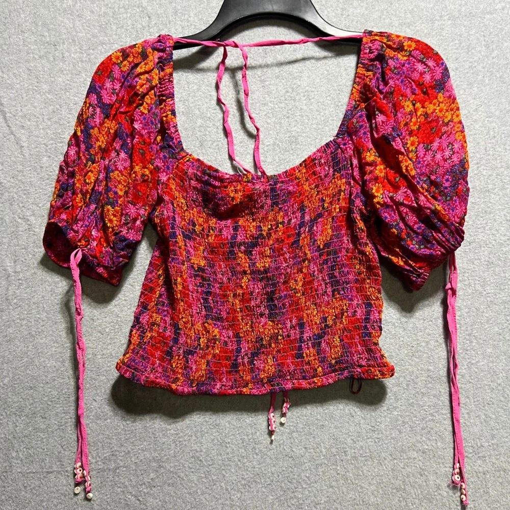 Free People Pink Floral Smocked Puff Sleeve Crop Top Square Neck festival boho - Picture 5 of 5